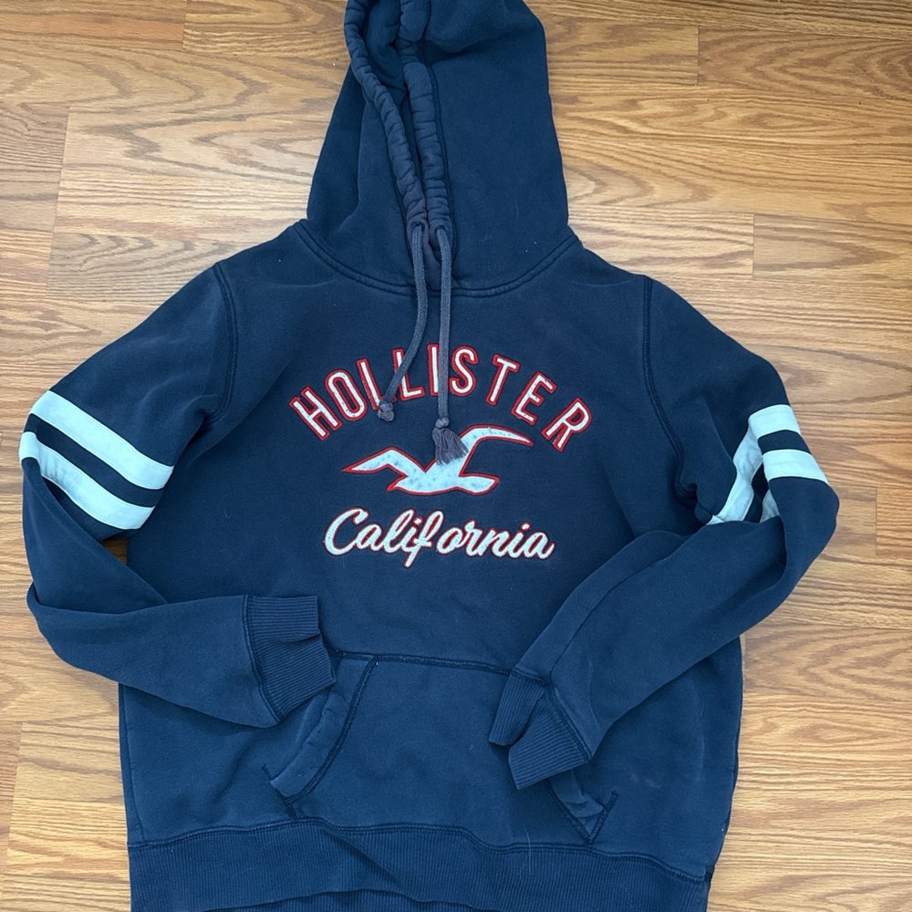 Hollister Navy Hoodie with Red and White Accents